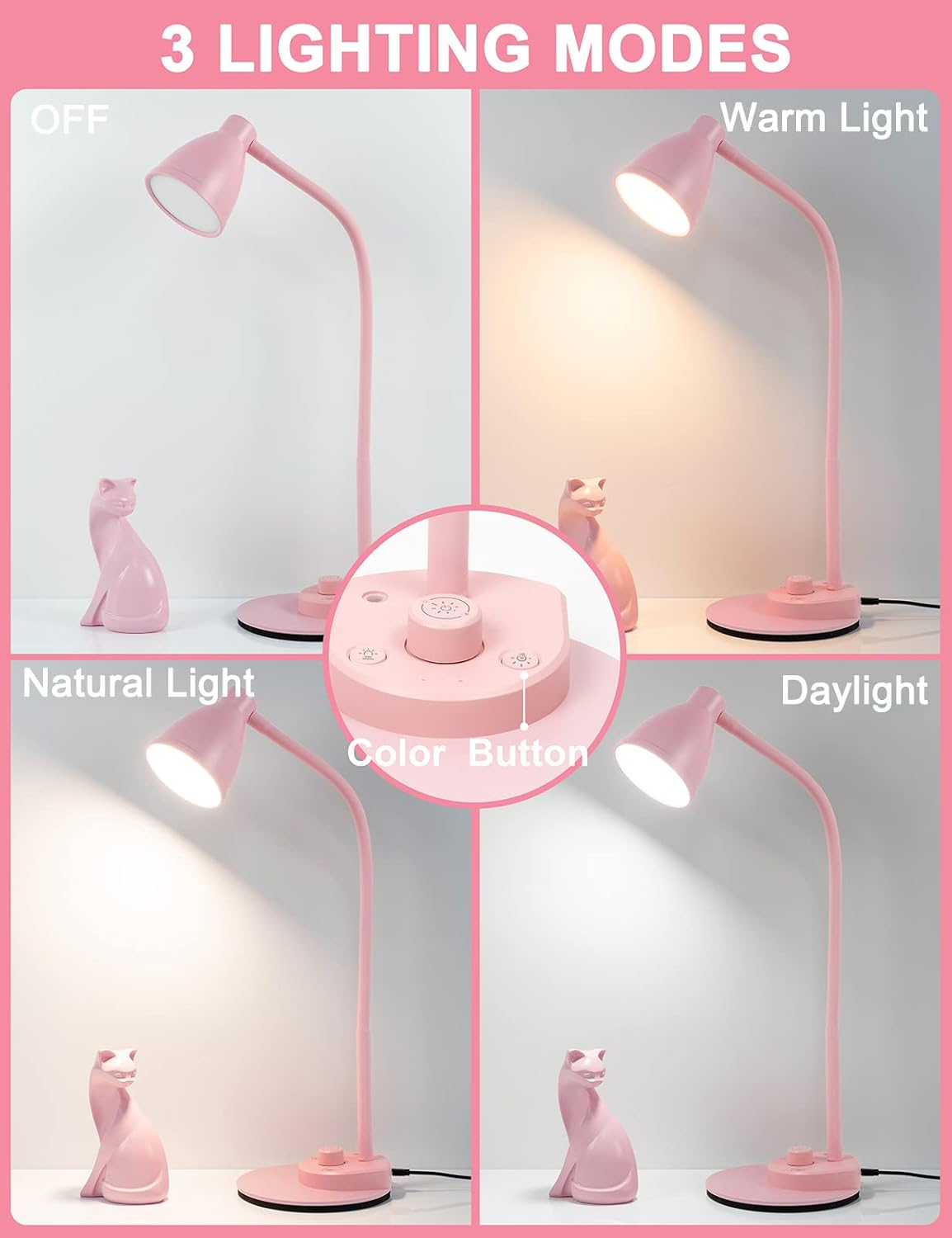 BOHON LED Desk Lamp with USB Charging Port, 3 Color Modes Dimmable Reading Lamp, Auto Dimming Task Lamp, Flexible Neck Table Light for Dorm Bedside, Adapter Include, White