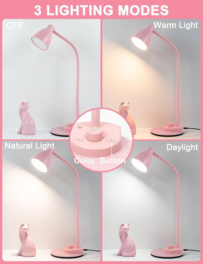 BOHON LED Desk Lamp with USB Charging Port, 3 Color Modes Dimmable Reading Lamp, Auto Dimming Task Lamp, Flexible Neck Table Light for Dorm Bedside, Adapter Include, White