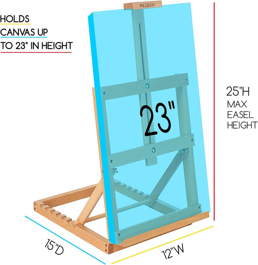 MEEDEN Heavy-Duty Tabletop Studio H-Frame Wooden Easel- Solid Beech Wood Adjustable Artists Desktop Wood Easel Table for Artist, Beginners & Teens- Holds Canvas Art up to 23" High