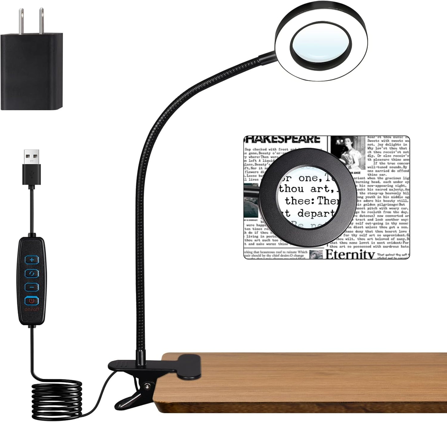 Woputne Desk Lamp Clip Light, 10 Dimmable Brightness 3 Light Modes Reading Light, Clamp Bedside Lamp for Painting, Craft, Study (Black)