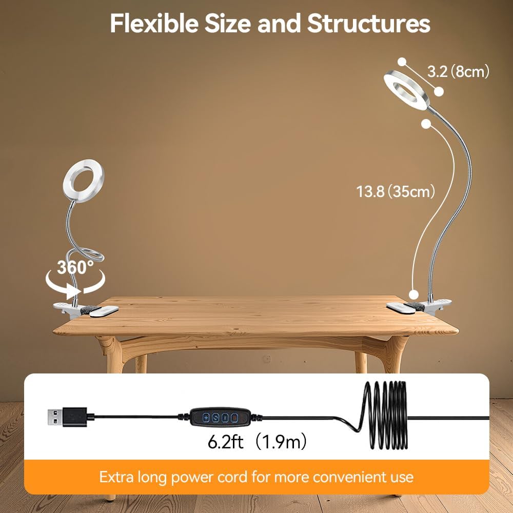 Skymore Clip on Light -3 Color Modes&10 Brightness LED Reading Desk Light with Clamp Flexible Gooseneck Book Light for Kids' Bedtime Reading, Zoom Meetings, Clip on Table, Headboard, Dorm&Office Use