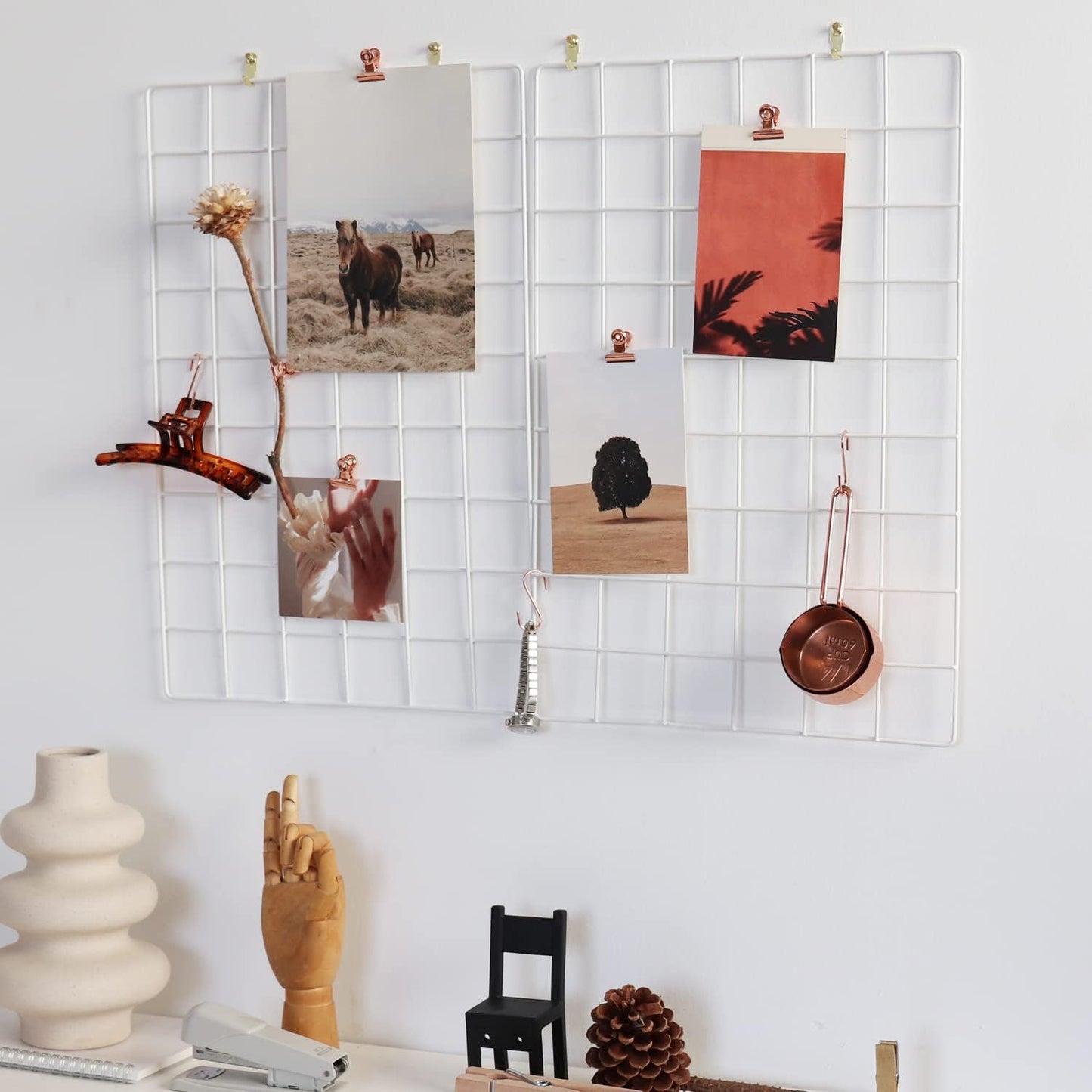 Wall Grid Panel for Photo Display,Wall Storage Organizer,5 Metal Clips & 3 S Hooks & 4 Nails & 4 Plastic Hanging Buckles and 4 Screws Offered,Size 17.5" x 11.8",2 Pack(Gold)