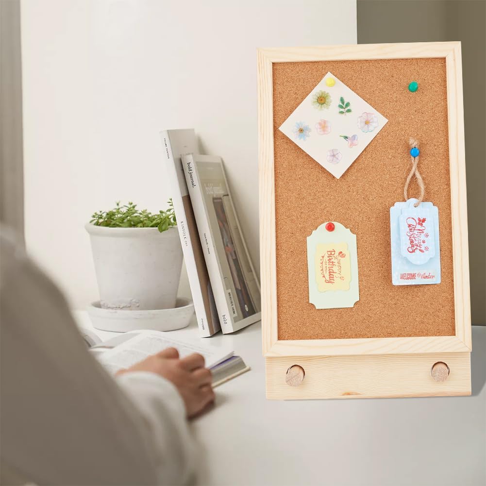 OLYCRAFT Desktop Cork Board with Hemp Rope 2Pcs Wood Sticks 2Pcs Screw Pins and 6Pcs Thumbtacks Cork Bulletin Board Message Picture Board for Home Office Decor DIY Crafts-13.5x7.9x1.2 Inch