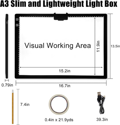 Fiqiuuiid A4 Rechargeable LED Light Pad, Tracing Light Box with 6-Level Dimmable & Light Guide artboard, Diamond Painting Light Board with Stand and Top Clip, Cordless Lightbox with Carrying Case