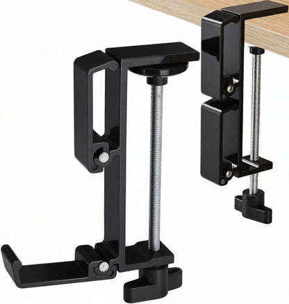 JAKO Headphone Stand for Desk, 3 Hooks Aluminum Alloy Headphone Holder (1 Foldable+2 Fixed) Space Saving Headset Stand Hook, Universal Fit PC Gaming Headsets Holder Desk Clamp for Office/Game Table