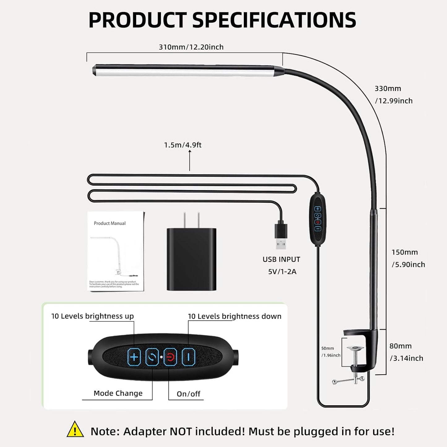 Akynite LED Desk Lamp with Clamp Clip on Reading Light Dimmable USB Small Clamp Lamp with 3 Color Modes 10 Brightness, Adjustable Flexible Gooseneck Workbench Light for Bed Headboard, Nail, Computer