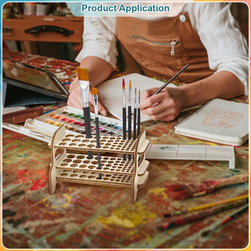 PH PandaHall Wooden Paint Brush Holder, 51 Holes Paint Brush Organizer Rack 2-Tier Desktop Artist Brushes Storage Stand for Painting Brush, Pens, Pencils, Art Craft, 7x3x4.3inch