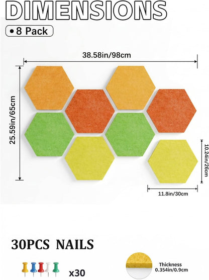 8 Pack Hexagon Felt Bulletin Board Tiles - 12" Large Thick Pin Board for Walls with 30 Push Pins, DIY Boards for Office Home School Decor, Aesthetic Hex Cork Board Alternative