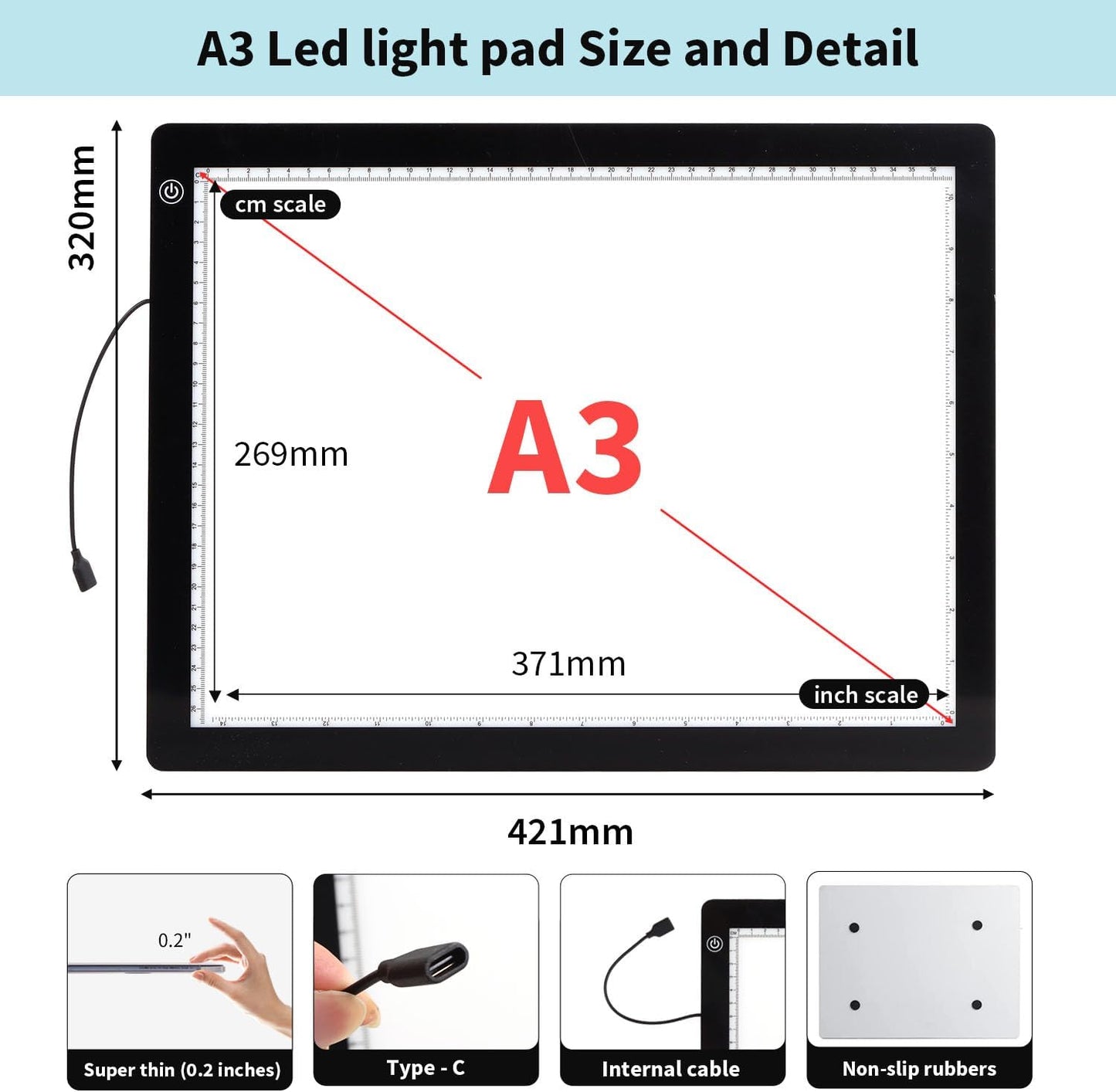 Zocelight A3 Light Pad for Diamond Painting Kit,4800Lux Super Bright 5mm Ultra Thin Diamond Art Light Board with Stand and Clip,3 Levels Dimming Light Box for Artists,Drawing,Sketching,Animation