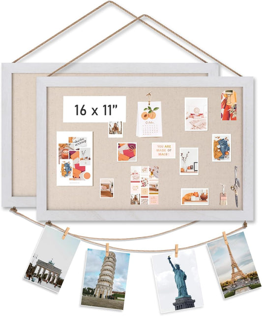 Emfogo Cork Board Vision Board, 16 "x11 White Linen Cork Boards for Walls with Frame, Pin Board Bulletin Board for Home Kitchen School Office Decor