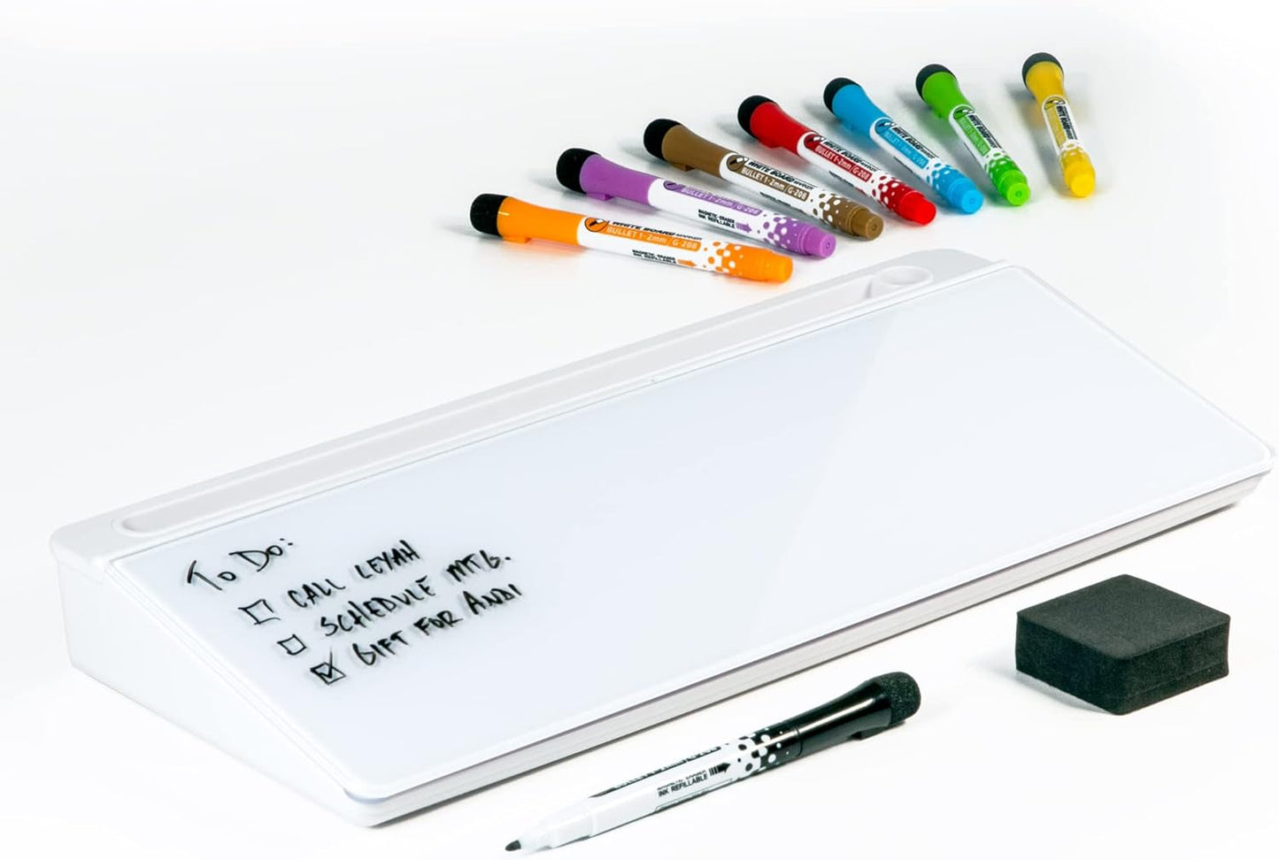 Glassboard Studio Glass Dry Erase Doodle Tray for Desktop Office Supply Storage - Marker and Eraser Included (8 Markers, White)