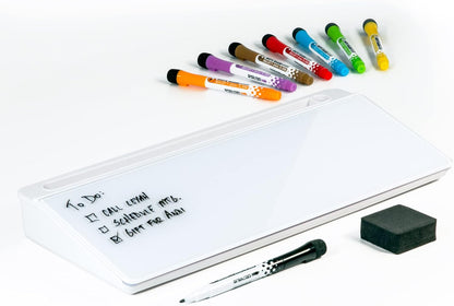 Glassboard Studio Glass Dry Erase Doodle Tray for Desktop Office Supply Storage - Marker and Eraser Included (8 Markers, White)