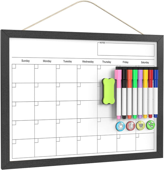 Calendar Whiteboard for Wall, TANKEE 17x13 Inches Whiteboard Calendar Cork Board Combo, Small Magnetic White Board with Wood Framed, Hanging Dry Erase Board for Kitchen Home Office School Planner