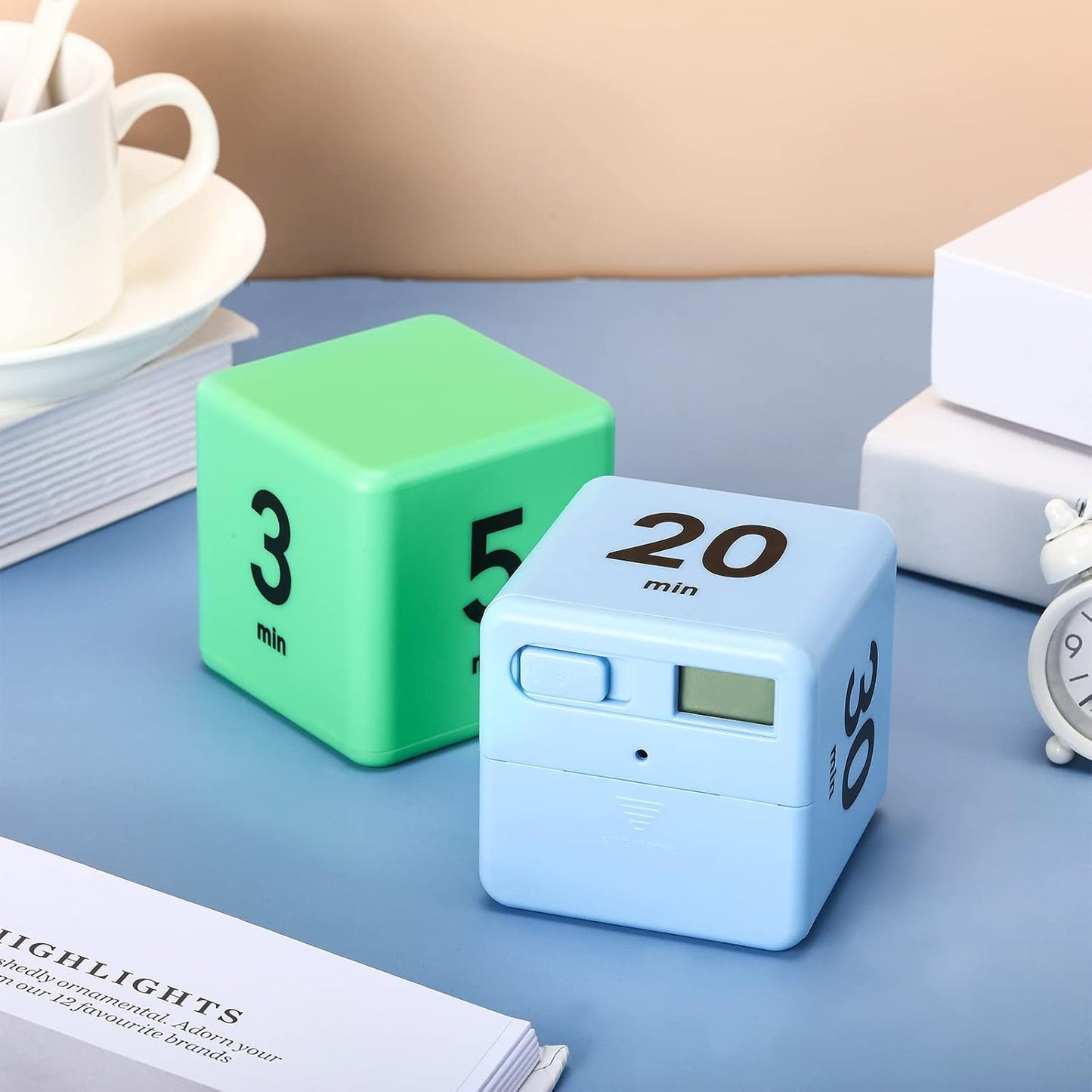 Weewooday 2 Pieces Cube Productivity Timer Flip Gravity Sensor Flip Countdown Countup Workout Timer Management 1 3 5 10 Minutes and 15 20 30 60 Minutes for Work Learning Kitchen Cooking(Green, Blue)