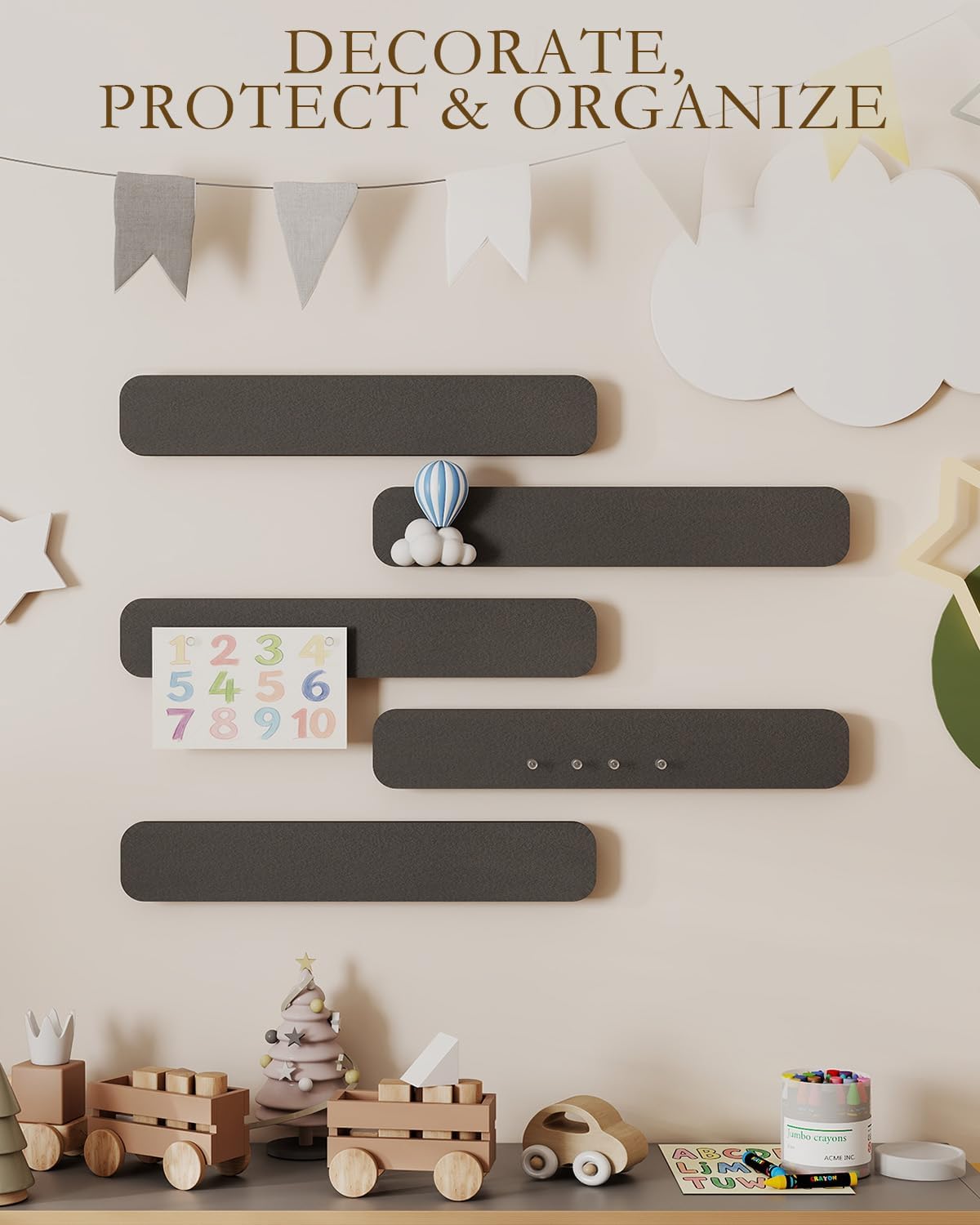 JBER Felt Strip Board 5 Pack 13"x2", Cork Board Alternative Pin Bulletin Board, Self-Adhesive Vision Board with 25 Push Pins for Walls, Office & Home Decor(Light Camel)