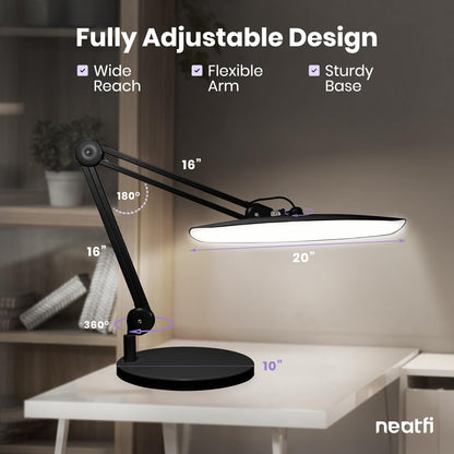 Neatfi XL 2200 Lumens 24W LED Desk Lamp – Shadow-Free Task Lighting | 4-Level Dimming | Home Office & Crafts Use | 20-Inch Wide Head (White, Non-CCT with Clamp)