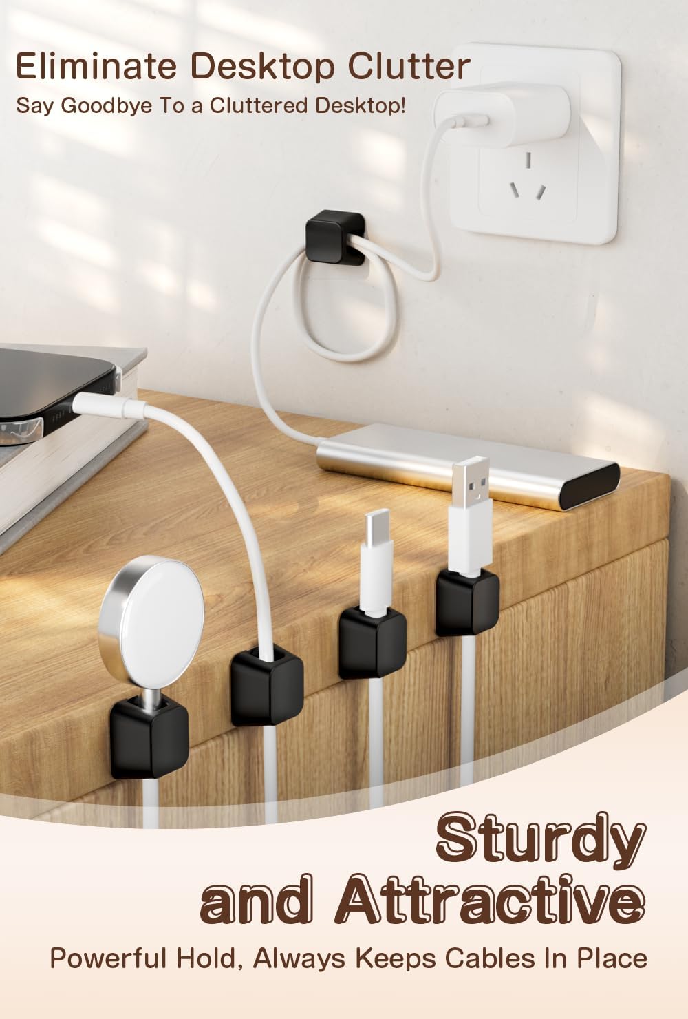 Maveek Magnetic Cord Clips, Cable Holder Magnet Silicone Cord Organizer Keyboard Keys Square Cable Management for Charging USB C Ethernet HDMI Home Office Car TV Cables (5 Pack, Black)