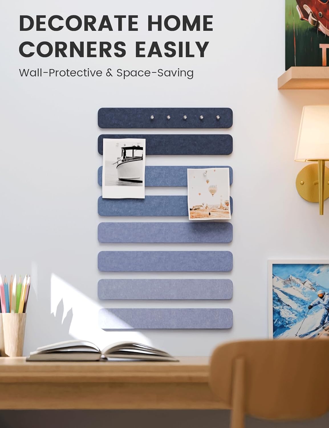 Fluxynara Cork Board Alternative Felt Strip Board 8-Pack 13"x2", Office Pin Board with 50 Push Pins, Adhesive Install for Bedroom Door & Home Office(Linen Dusk)