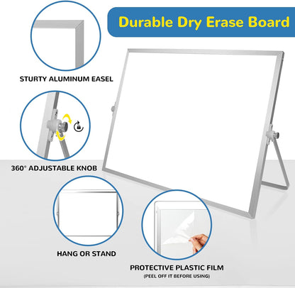 Dry Erase White Board, 16inX12in Large Magnetic Desktop Whiteboard with Stand, 10 Markers, 4 Magnets, 1 Eraser, Portable Double-Sided White Board Easel for Memo to Do List Desk Office