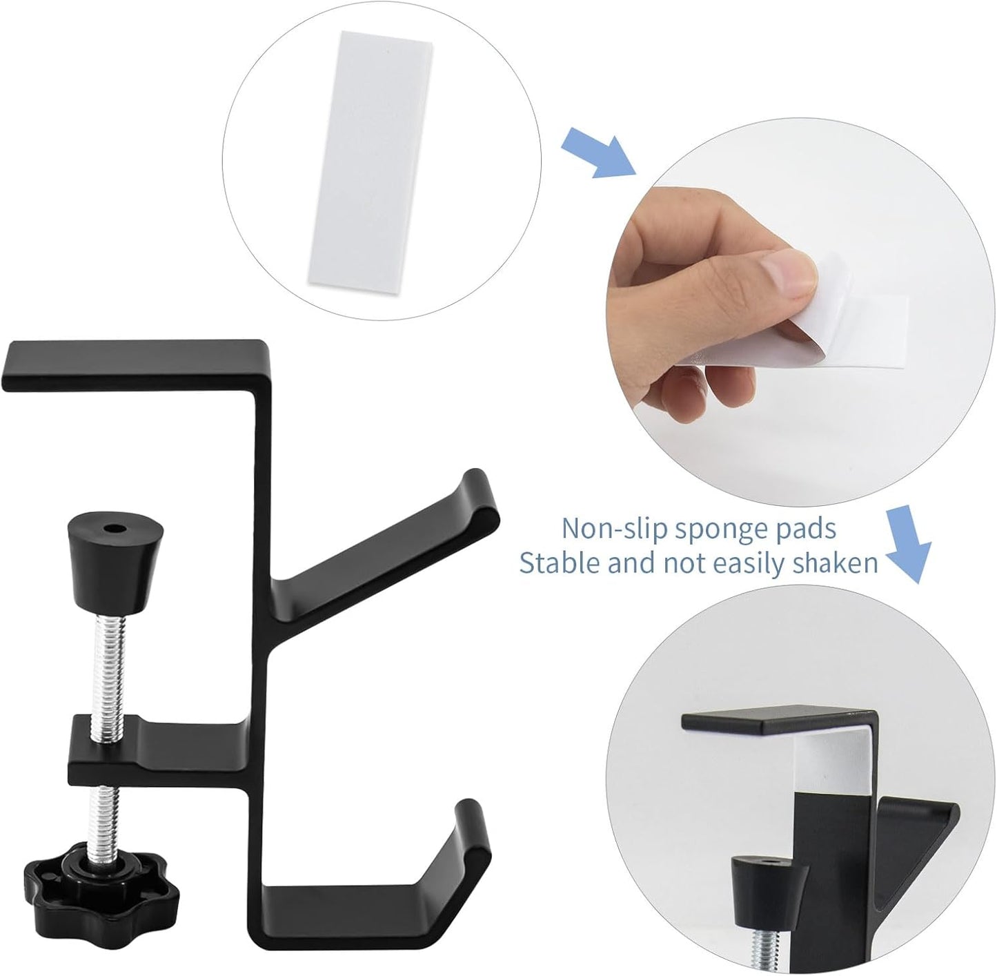 Desk Mount Bag Holder Hook Clamp-On Backpack Hanger Portable Desk Mount Headphones Holder Reduce Desk Clutter for Table Desk, Under Counter (Black)