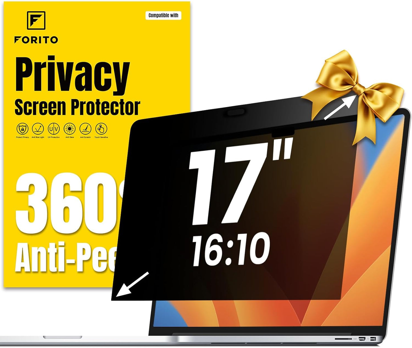F FORITO 16 Inch 16:10 360° Laptop Privacy Screen Protector, Anti Peeping and Anti Glare Laptop Privacy Shield, Reduce Eye Strain & Eye Protection