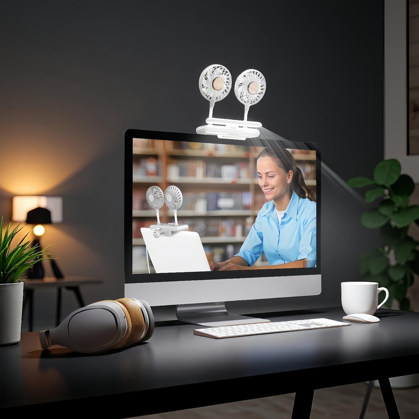 Binguowang Monitor Fan with Clamp & Light Bar Desk Lamp with fan for Office mini Desk fan small quiet with lamp for PC Laptops Tablet for Home Office Portable Working Reading Stand Lamp (Dark Blue)