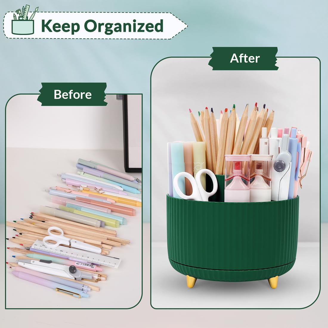 SKYDUE 360 Rotating Plastic Desk Pen Organizer with 5 Slots, Dual-Purpose Art Supply Pencil Cup for Office, School, Home