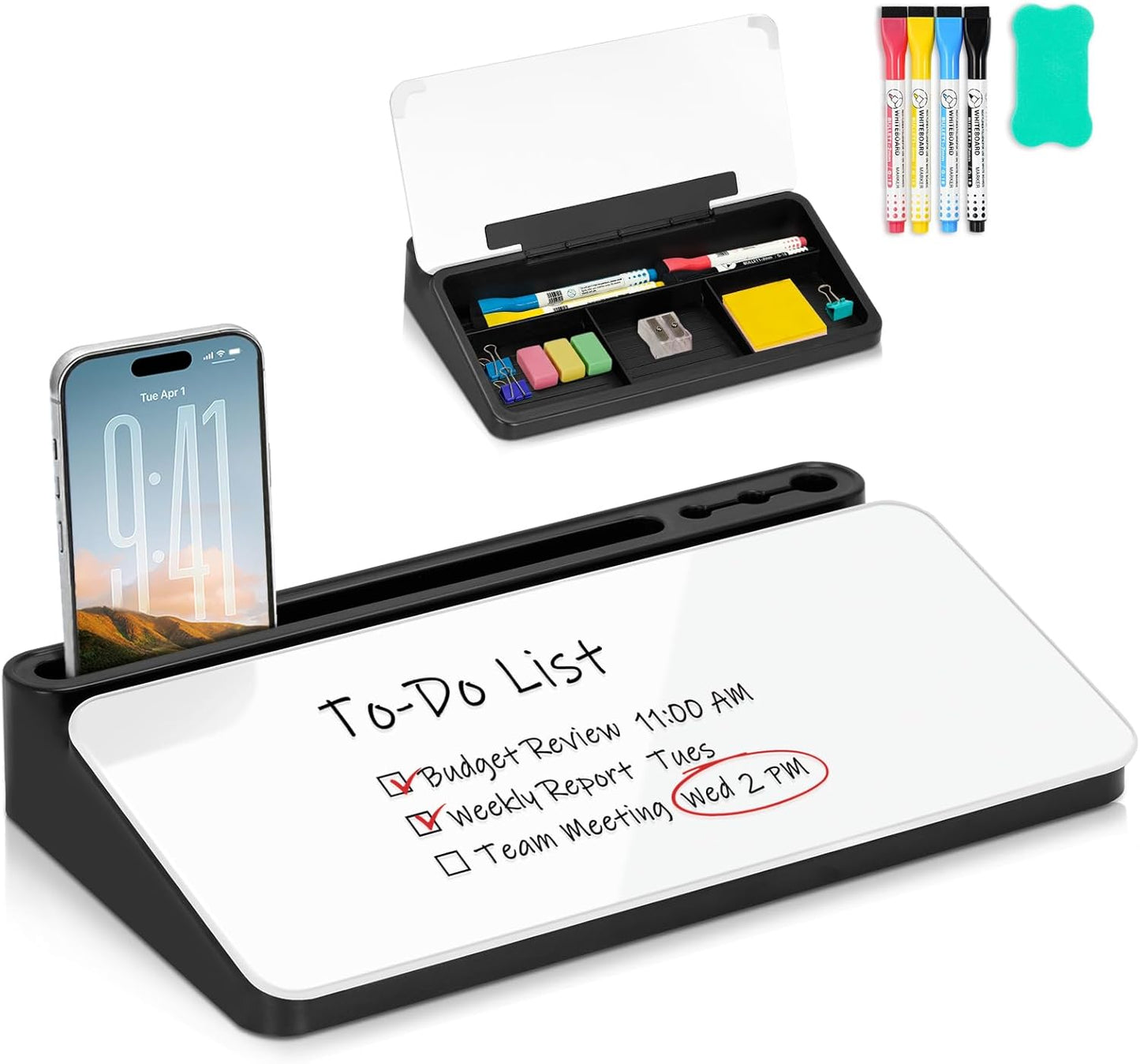 WALGLASS Small Desktop Whiteboard with Storage, Glass Desk Dry Erase White Board Computer Keyboard Stand with Drawer, Desk Organizers with Accessories for Office, Home, School Supplies White