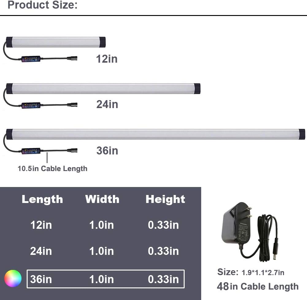 Dimmable Under Cabinet Lighting, RGB LED Light Bar, RF Remote Control Lamp, Multicolor Under Counter Lights for Desk, Room, Cupboard, Hallway, Shelf, Closet (24 Inch)