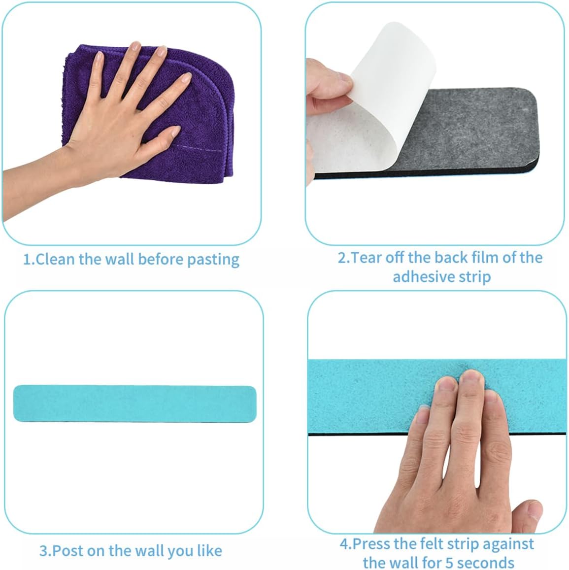 Vuzvuv 8 pcs Bulletin Board Bar Strips with 50 Pushpins & 10 Wooden Clip pins，Self Adhesive Cork Board for Wall，Felt Pin Board for School，Office Decor（Black White Grey）