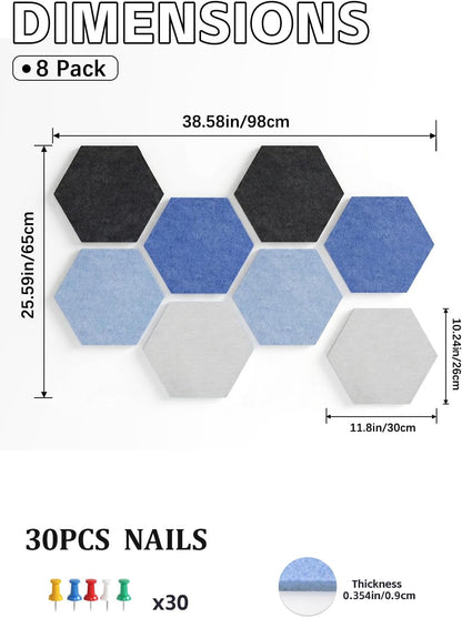 8 Pack Hexagon Felt Bulletin Board Tiles - 12" Large Thick Pin Board for Walls with 30 Push Pins, DIY Boards for Office Home School Decor, Aesthetic Hex Cork Board Alternative
