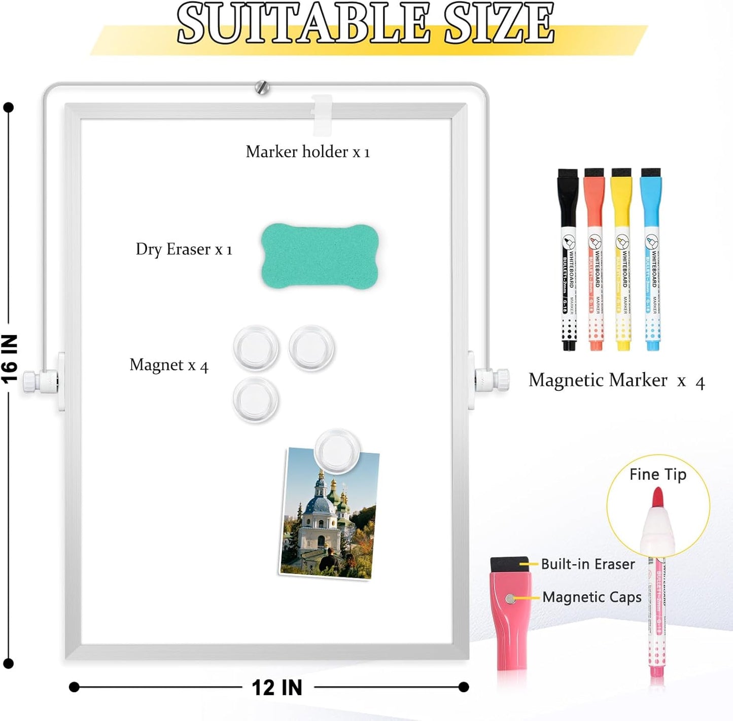 Dry Erase Magnetic White Board, 16" x 12" Double-Sided Desktop Whiteboard with Stand, Portable Small Whiteboard Set for Drawing, Office, Home