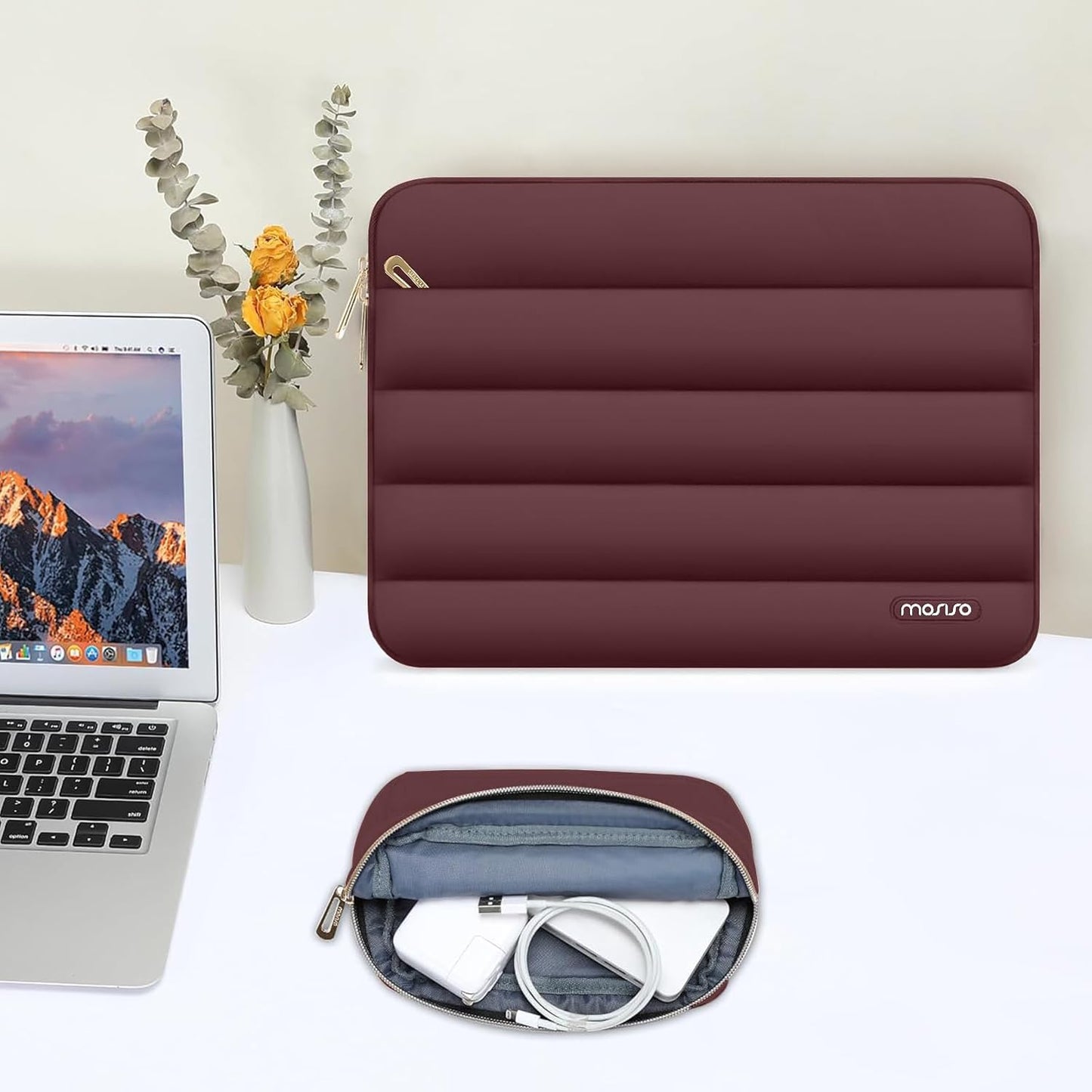 MOSISO Laptop Case 13.3 inch,13-13.3 inch Puffy Laptop Sleeve Compatible with MacBook Neo/Air 13.6 M5 M4 M3 M2 M1/Pro 13/14,HP Dell ASUS Lenovo,Polyester Horizontal Bag with Small Case, Sand