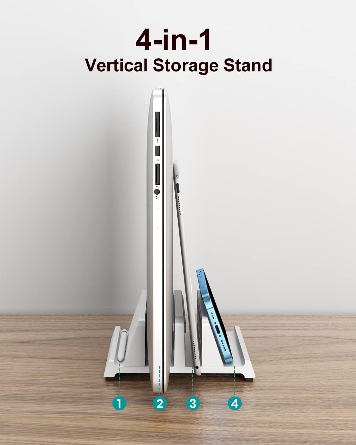 Vertical Laptop Stand for Desk, Dual Slots Plastic Laptop Holder with Space Saving 4-in-1 Design, Adjustable Width Supports MacBook, Chromebook, Surface, Dell (Black)