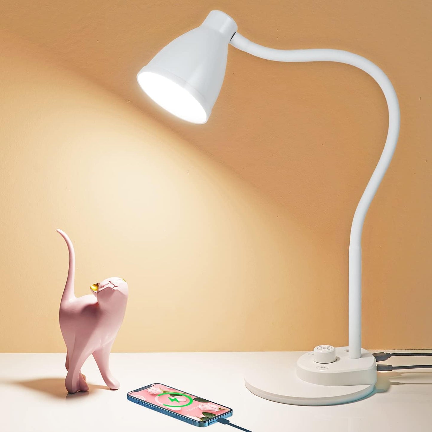 BOHON LED Desk Lamp with USB Charging Port, 3 Color Modes Dimmable Reading Lamp, Auto Dimming Task Lamp, Flexible Neck Table Light for Dorm Bedside, Adapter Include, White