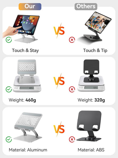 tounee Tablet Holder Stand, Dual Rod Adjustable Aluminum Desktop Stand, Compatible with 4.7-16.9" iPads, Surface Tablets, Portable Monitors, Kindle & More (Gray)