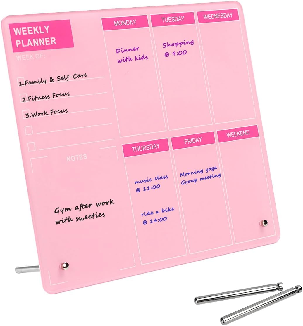 Desktop Thickened Acrylic Dry Erase Board, Weekly White Board with to Do List, Tabletop Whiteboard with Stand, Frameless Dry Erase Pink White Board，9.5"x6.7" for Office, Home, School(Desktop-PK-1724)