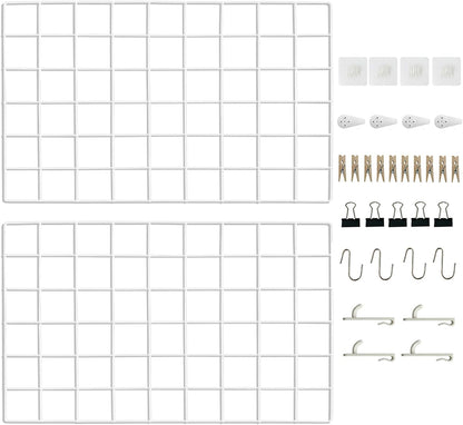 CIKLCIX Metal Grid Wall Panel, Wire Grid Photo Display Organizer, 17.3"×11.8" Gold Wire Board Grid Wall, Grid Picture Frame, 2-Pack Wire Mesh Memo Board With Clips and Hooks