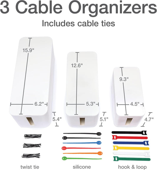 Oxford Cable Management Boxes, 3 Pack, Small, Medium, Large, 15 Cable Ties (Hook & Loop, Silicone,Twist Ties), Power Strip Organizer, White (27800)