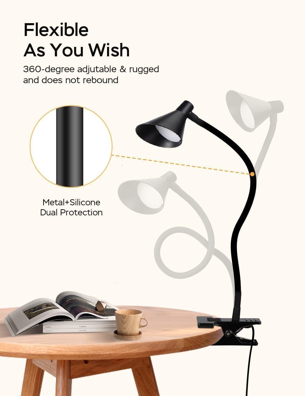 Clip on Light LED Reading Light for Books in Bed, Eye Care Dimmable Reading Lamp 3 Color & 10 Brightness Levels Flexible Clip on Lamp Reading Light for Bed Headboard Bedside Dorm Desk Table - Black