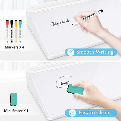 DOLLAR BOSS Glass Desk Whiteboard Calendar Small Dry Erase Board Desktop White Board with Storage Drawer Computer Keyboard Stand Desk Organizer, Colorful Weekly Calendar, Black