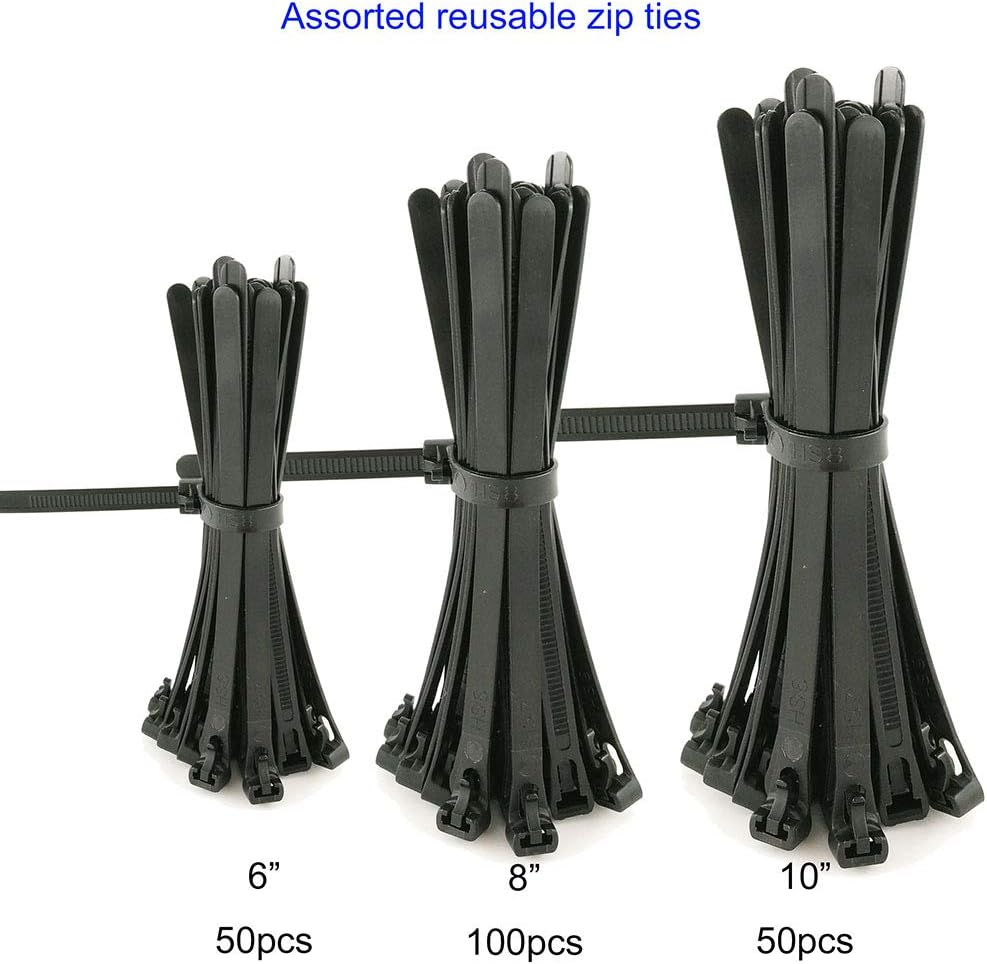 HS 6 Inch Releasable Cable Ties Adjustable Wire Tie Straps (100 Pack) 50 Pound Heavy Duty Wire Zipties Reusable Zip Ties Small for Pc,Cord,Black