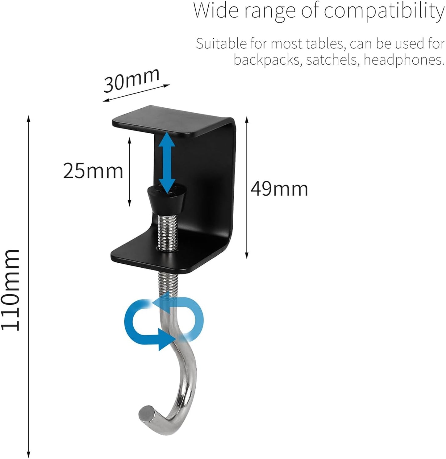 2 Pcs Desk Mount Bag Holder Hook Clamp-On Backpack Hanger Portable Desk Mount Headphones Holder Reduce Desk Clutter for Table Desk, Under Counter