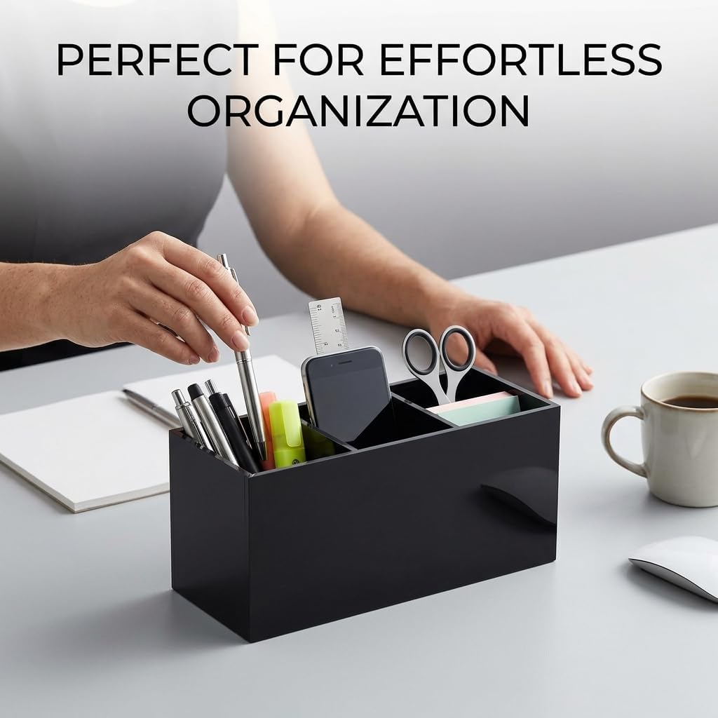 Black Acrylic Pen Holder for Desk, 3 Compartment Desktop Organizer & Pencil Cup, Makeup Brush Holder for Countertop, Multi-functional Pen Pencil Brushes Holders Caddy (Glossy Black)