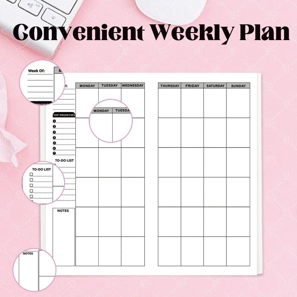 qianshan Travelers Notebook Inserts with PVC Sleeve,Undated Weekly Planner,Weekly To Do List Notepad,TN Journal,30 Sheets,8.5" x 4.7",Pocket Travelers Notebook for Journals,Diaries,Planners,Pink Cat