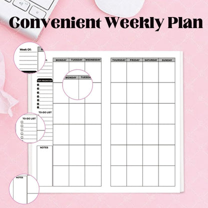 qianshan Travelers Notebook Inserts with PVC Sleeve,Undated Weekly Planner,Weekly To Do List Notepad,TN Journal,30 Sheets,8.5" x 4.7",Pocket Travelers Notebook for Journals,Diaries,Planners,Pink Cat