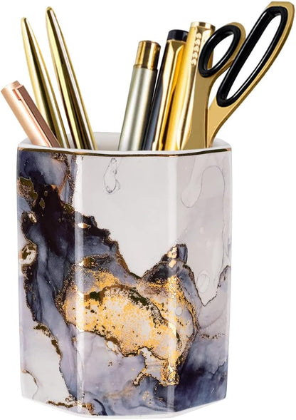 Pen Holder, Pencil Holder for Desk, Marble Desk Organizer Cute, Durable Ceramic Pencil Cup, Decorative Makeup Brush Holder Cup, Stationery Holder for Office, Home, Gray Marble