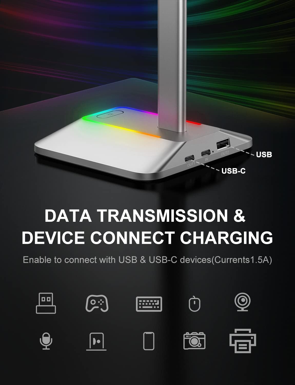 New Bee Headphone Stand with RGB Lighting, Sturdy Aluminum Gaming Headset Holder with USB-C & USB Charging Ports, Stable Desktop Earphone Stand for All Headphones Size, Black