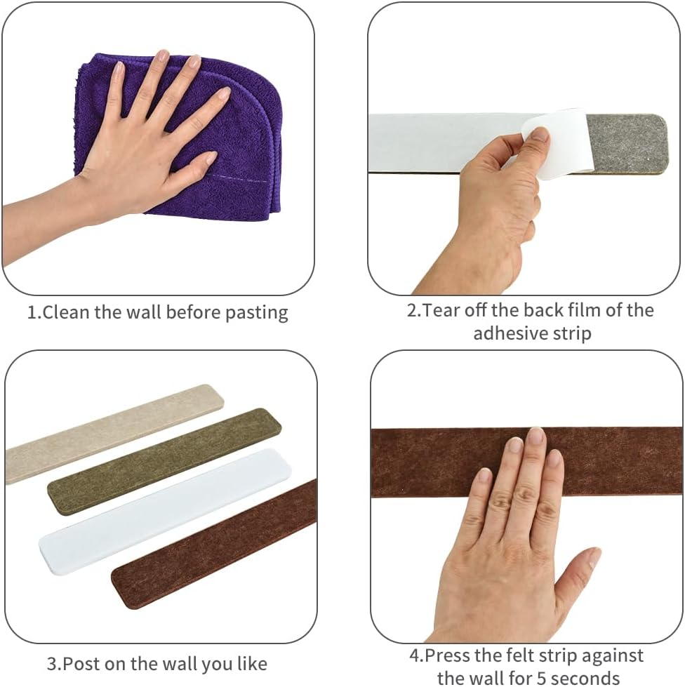 Vuzvuv 8 pcs Bulletin Board Bar Strips with 50 Pushpins & 10 Wooden Clip pins，Self Adhesive Cork Board for Wall，Felt Pin Board for School，Office Decor（Black White Grey）