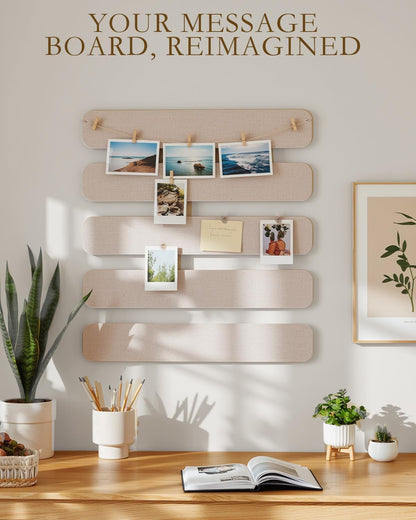 JBER Felt Strip Board 5 Pack 13"x2", Cork Board Alternative Pin Bulletin Board, Self-Adhesive Vision Board with 25 Push Pins for Walls, Office & Home Decor(Light Camel)